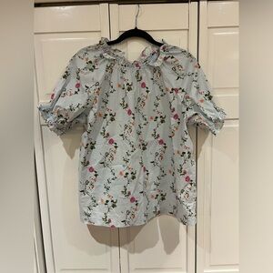 Hill House light blue floral ruffle-neck blouse